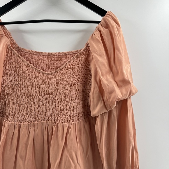Peach Smocked Puff Sleeve A-Line Dress Convertible Neckline Size Large - Picture 2 of 7